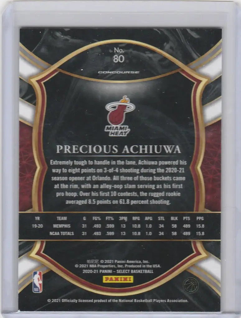 Basketball trading card of Precious Achiuwa Miami Heat from 2020-21 Panini Select Blue