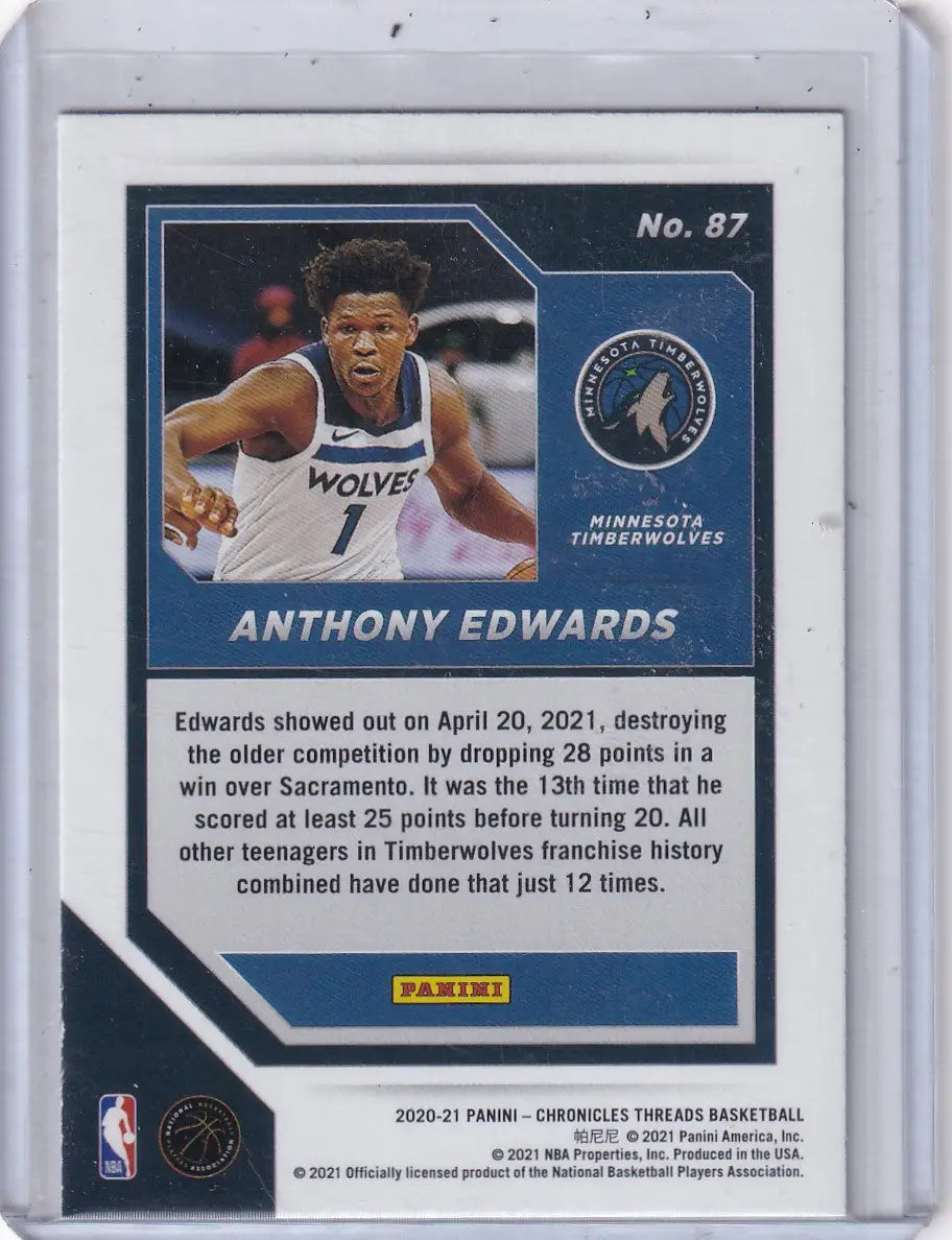 Basketball trading card of Anthony Edwards from Panini Threads Minnesota Timberwolves