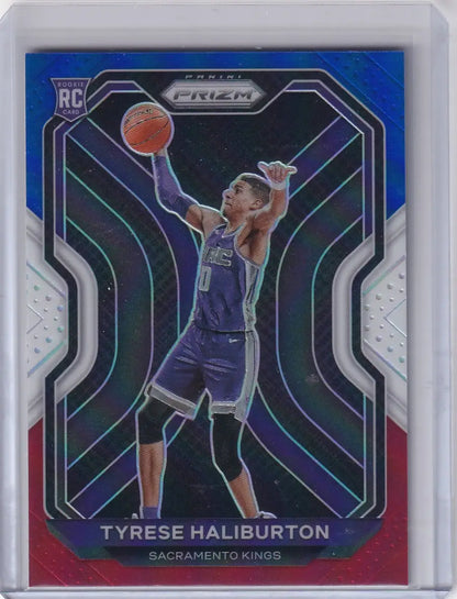 Tyrese Haliburton rookie basketball card in protective case, 2020-21 Prizm Red Blue