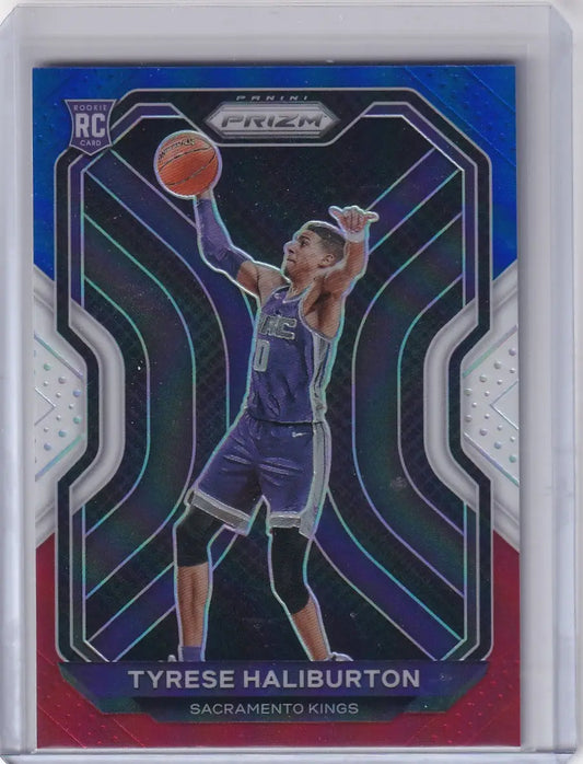 Tyrese Haliburton rookie basketball card in protective case, 2020-21 Prizm Red Blue