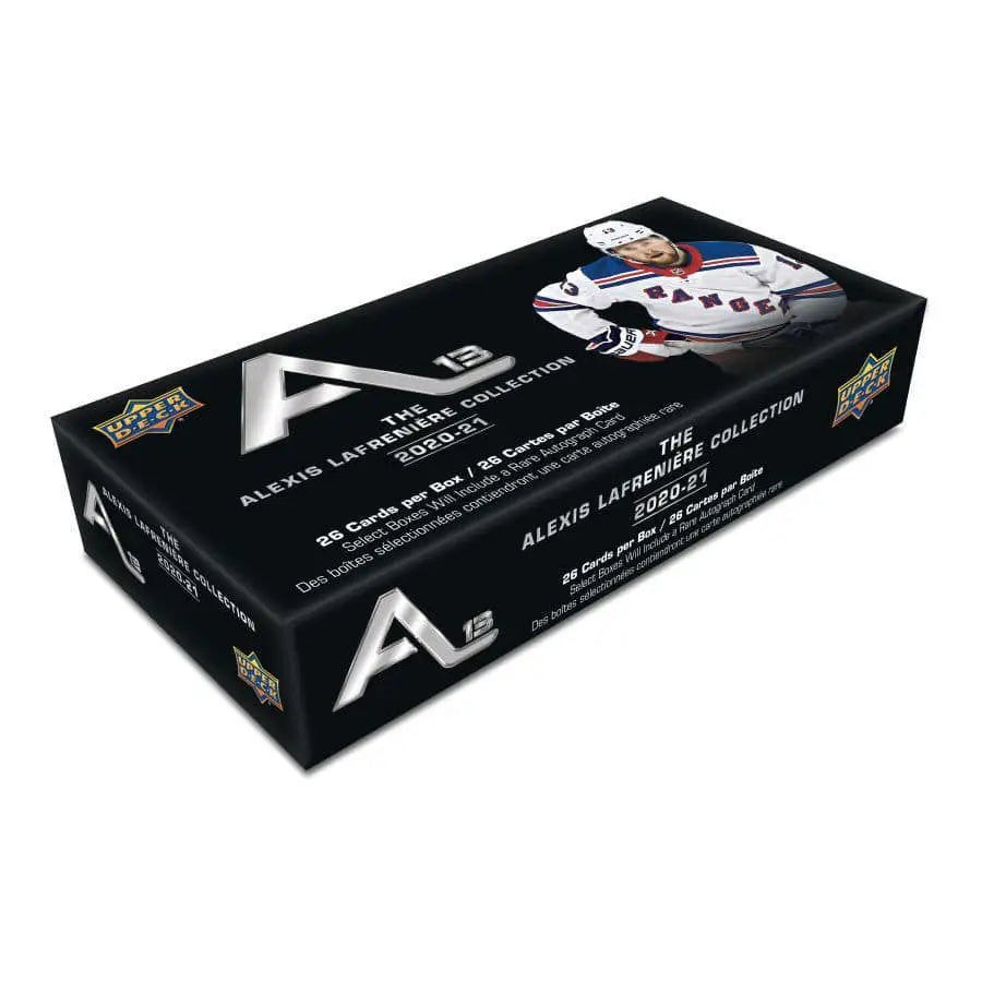 Black trading card box featuring a hockey player from the Alexis Lafrenière Collection