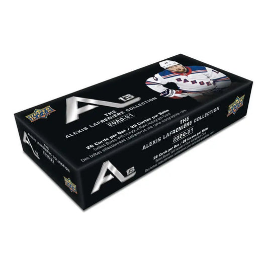 Black trading card box featuring a hockey player from the Alexis Lafrenière Collection