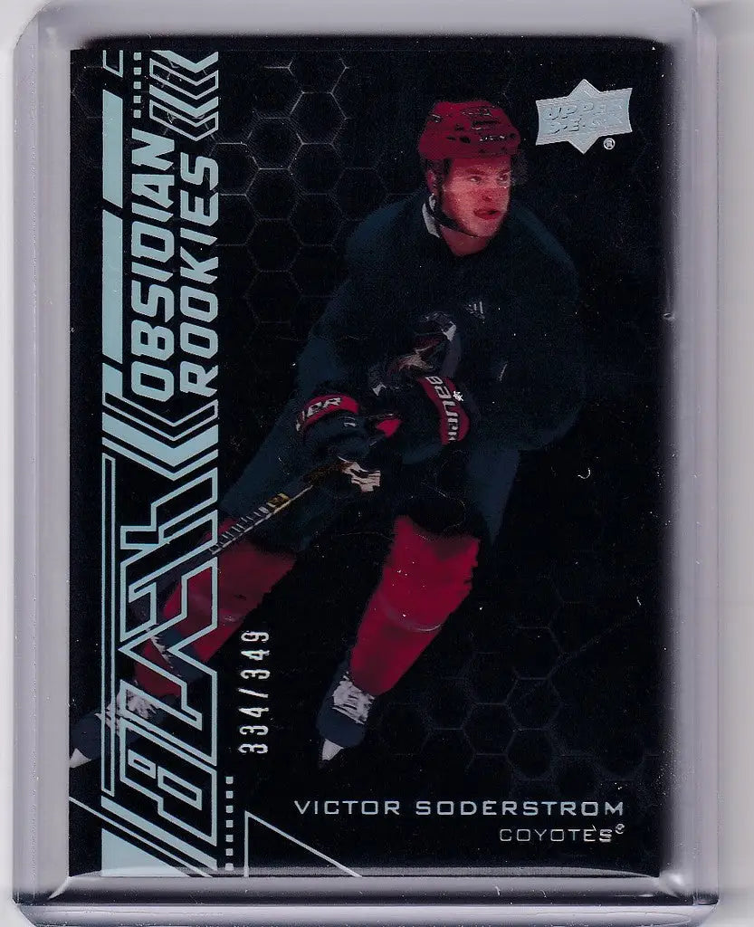 Hockey trading card of OR041 Victor Soderstrom in red uniform from Upper Deck Black