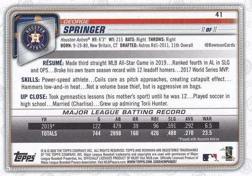 2020 Bowman #41 George Springer NM-MT Astros ID:27703 - Trading Cards