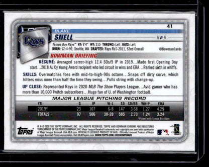 Blake Snell trading card showcasing statistics from the 2020 Bowman Chrome NM-MT edition