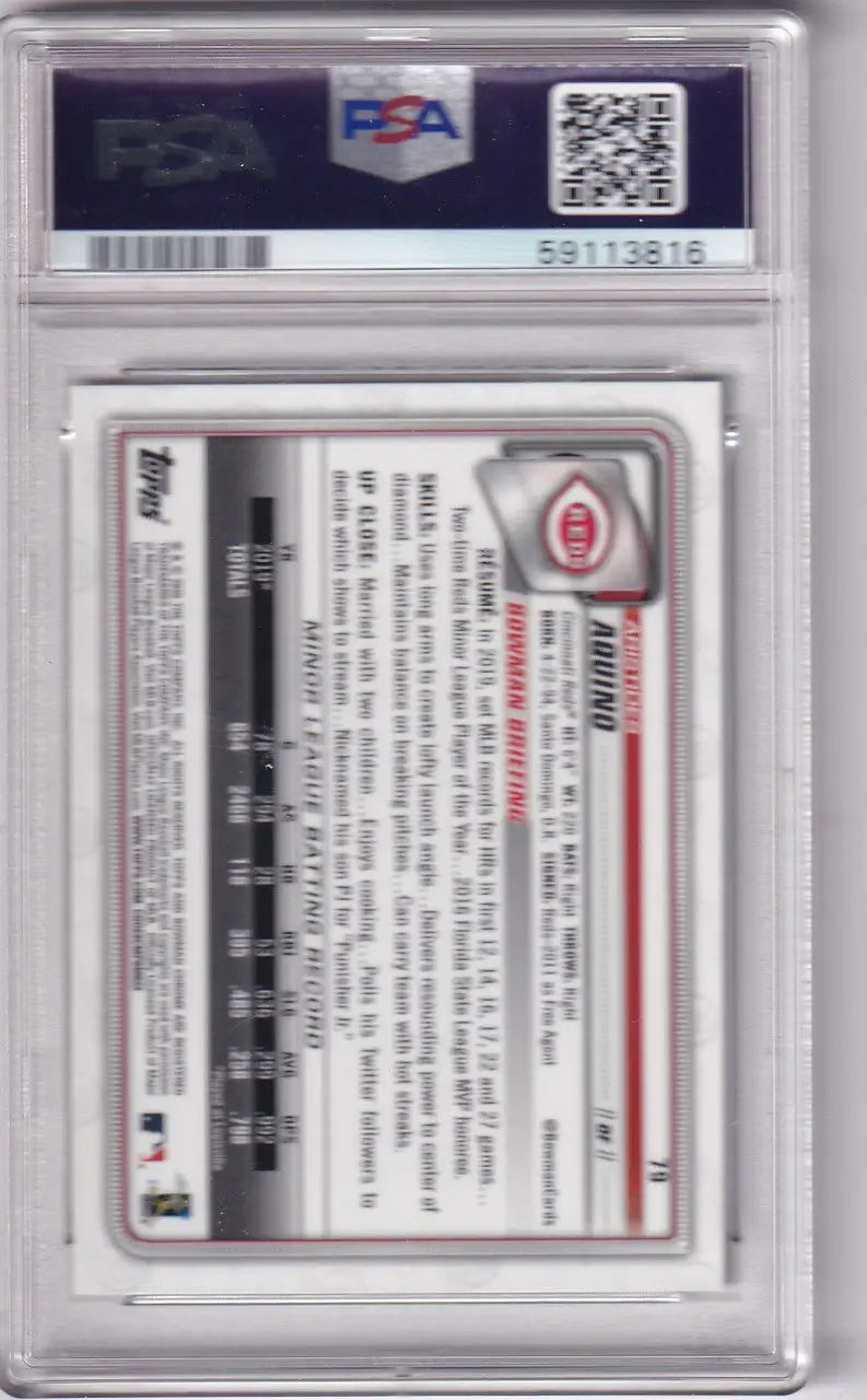 Graded Bowman Chrome PSA 10 Aristides Aquino Cincinnati Reds baseball card in plastic slab