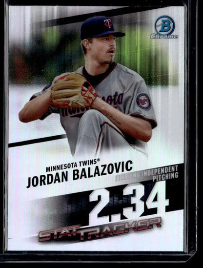 Baseball trading card of Jordan Balazovic in gray Twins uniform from 2020 Bowman Chrome