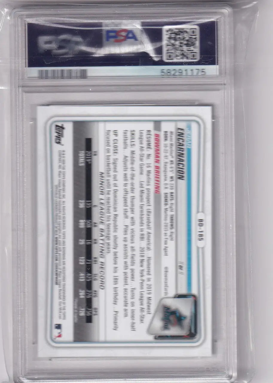 Graded 2020 Bowman Draft Jerar Encarnacion Miami Marlins baseball card in protective case