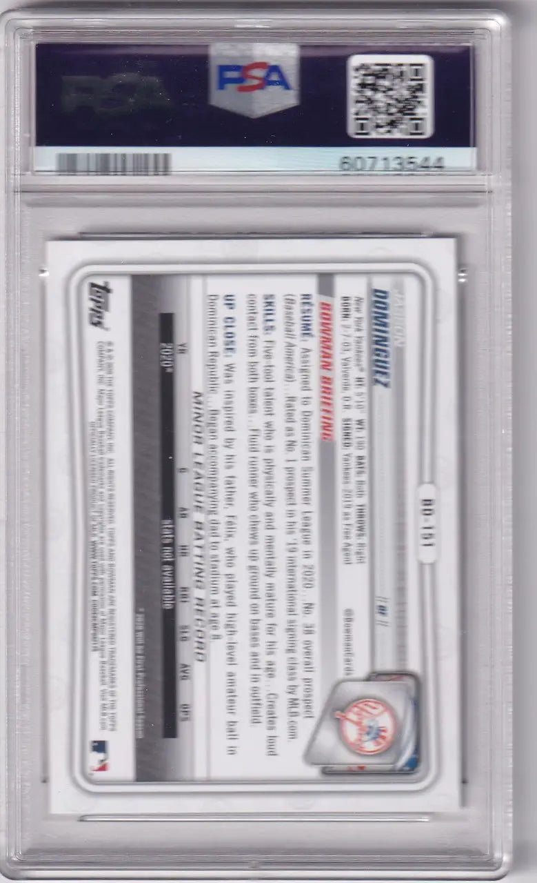 Graded Bowman Draft PSA baseball trading card in protective case BD151 Jasson Dominguez
