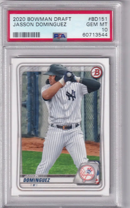 Graded Bowman Draft PSA Jasson Dominguez 2020 baseball card BD151 displayed in product