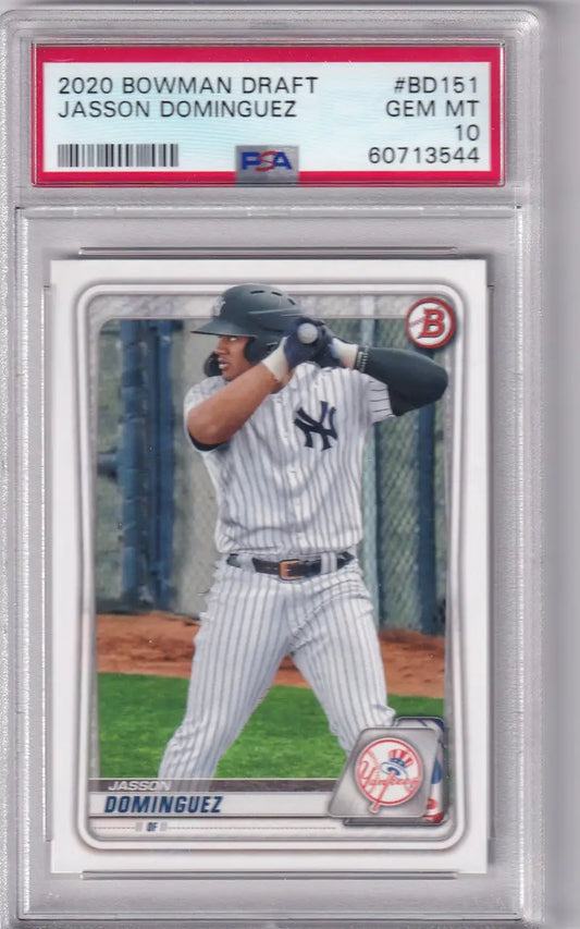 Graded Bowman Draft PSA Jasson Dominguez 2020 baseball card BD151 displayed in product