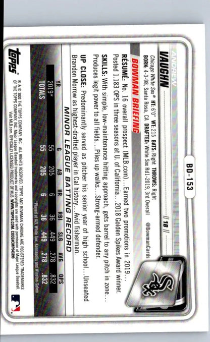 Baseball card back featuring Andrew Vaughn from 2020 Bowman Draft Sapphire Edition