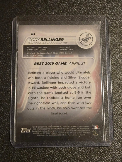 Cody Bellinger Green Refractor baseball card in protective sleeve from 2020 Bowman’s Best