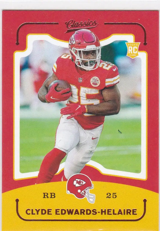Football trading card of Kansas City Chiefs running back Clyde Edwards-Helaire in action