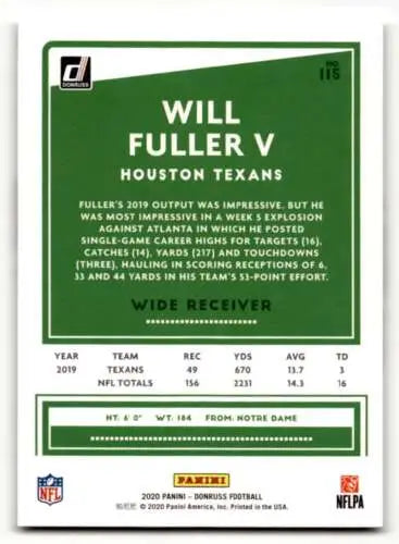 2020 Donruss #115 Will Fuller V Houston Texans Football Card with original gloss finish