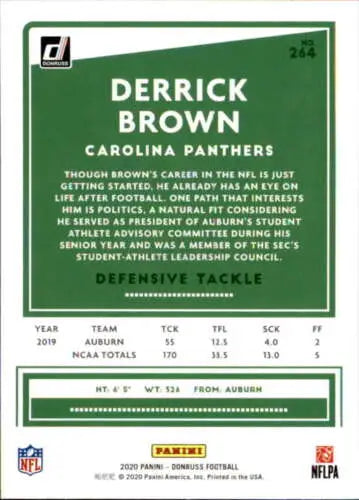 2020 Donruss #264 Derrick Brown football card with original gloss, NM-MT Panthers quality