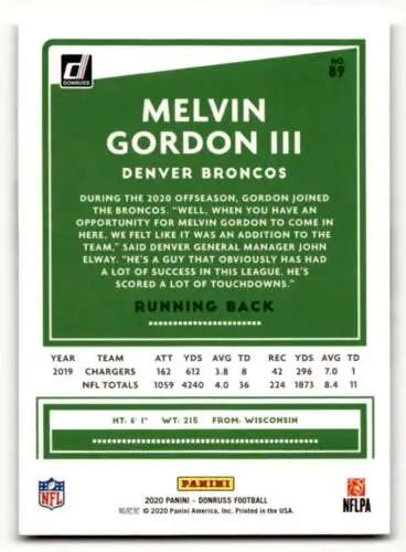 2020 Donruss #89 Melvin Gordon III Denver Broncos Football Card with original gloss finish