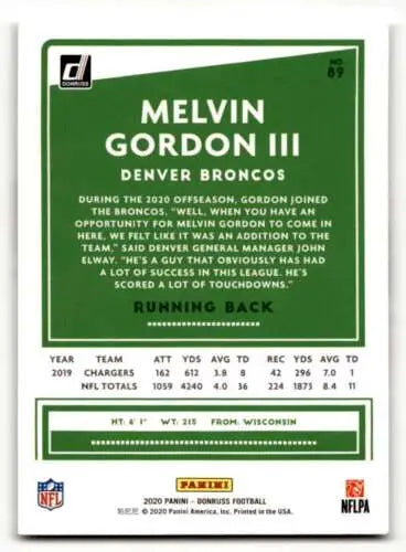 Melvin Gordon III football card featuring original gloss, Denver Broncos collectible
