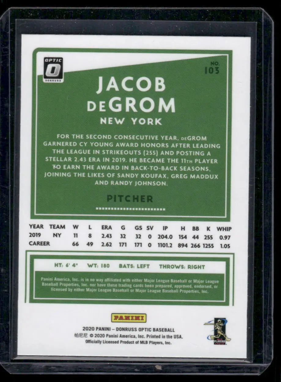 2020 Donruss Optic Jacob deGrom baseball card showcasing optic jacob degrom design