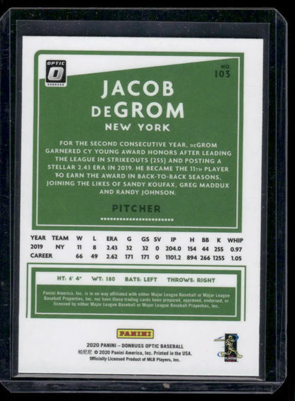 2020 Donruss Optic Jacob deGrom baseball card showcasing optic jacob degrom design