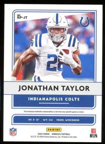 Jonathan Taylor 2020 Donruss Rookie Phenom Jerseys card with original gloss finish