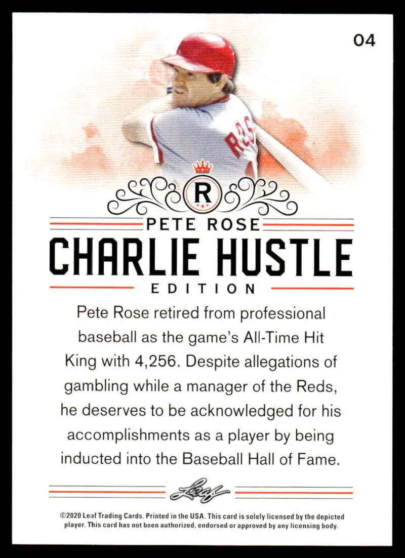 Baseball card of Pete Rose in red cap and white uniform from 2020 Leaf Pete Rose