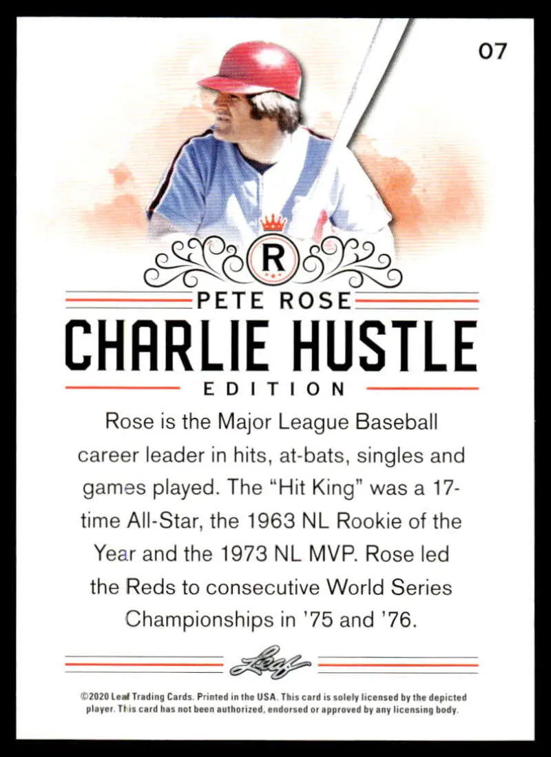 Pete Rose Charlie Hustle #7 Baseball Card showcasing player in red helmet and blue uniform