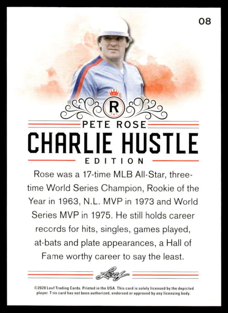 Pete Rose Charlie Hustle #8 Baseball Card with stats on an orange-tinted background