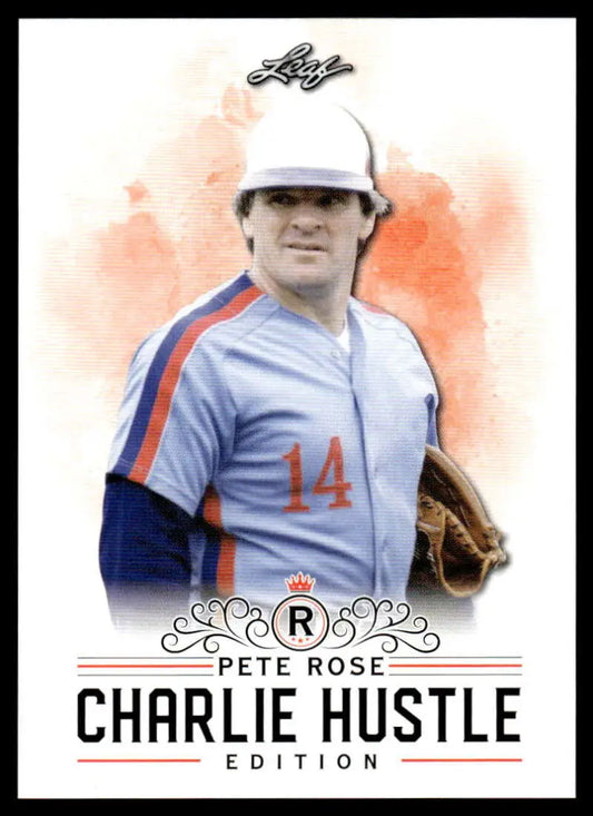 Pete Rose Baseball Card featuring gray uniform number 14 and Charlie Hustle Edition design