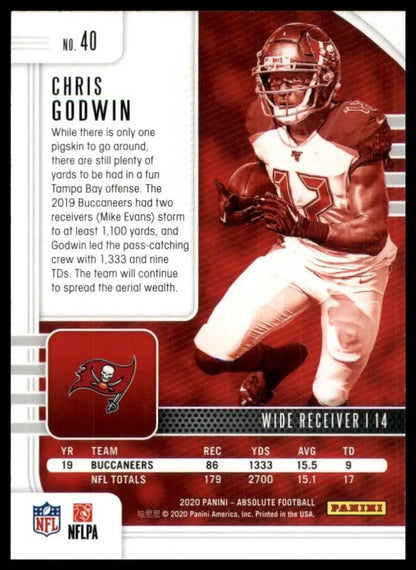Football card featuring Chris Godwin from 2020 Panini Absolute Tampa Bay Buccaneers NFL collection