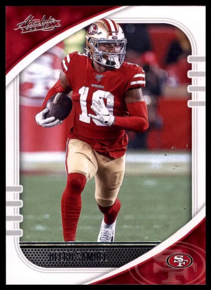 Football card featuring Deebo Samuel in a red jersey from 2020 Panini Absolute NFL