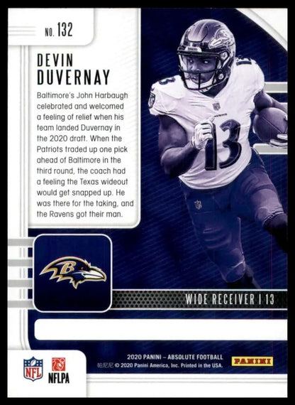 Football trading card of Devin Duvernay from 2020 Panini Absolute Green Rookie series