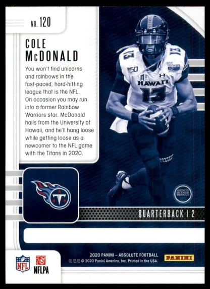 Football card featuring Cole McDonald from 2020 Panini Absolute Rookie collection