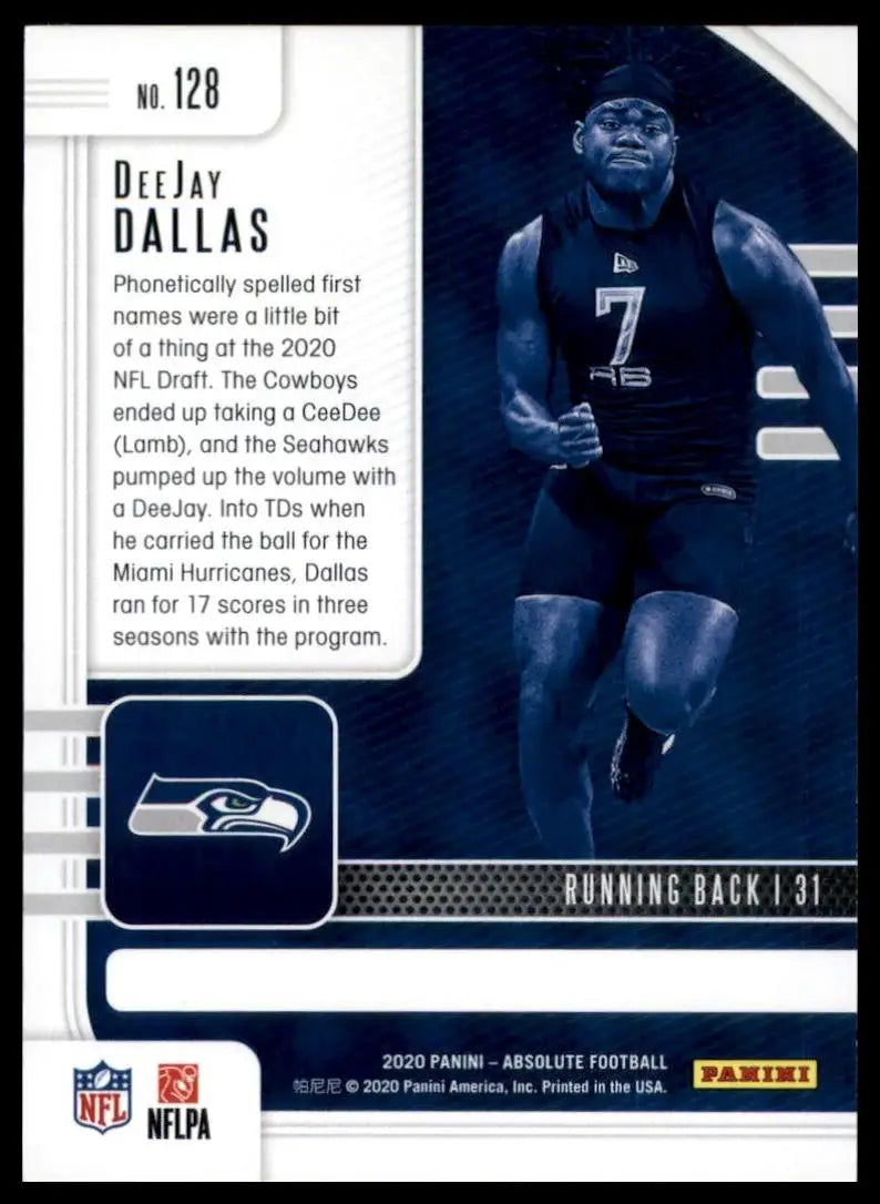Football card featuring DeeJay Dallas of the Seattle Seahawks from 2020 Panini Absolute Rookie collection