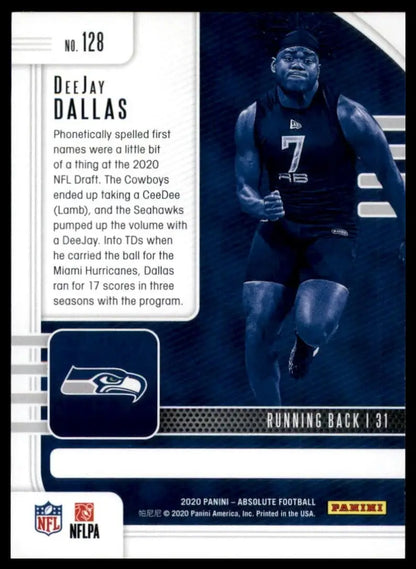 Football card featuring DeeJay Dallas of the Seattle Seahawks from 2020 Panini Absolute Rookie collection