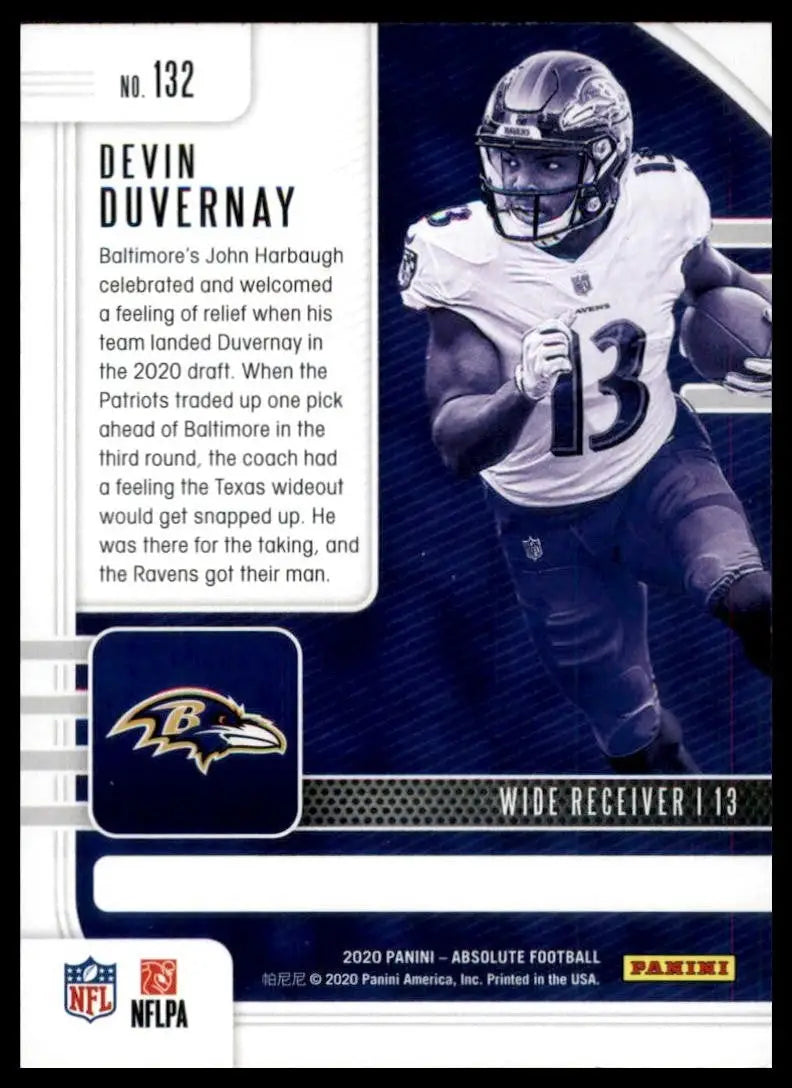 Baltimore Ravens football trading card of Devin Duvernay from 2020 Panini Absolute Rookie series