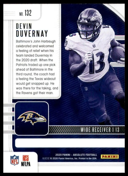 Baltimore Ravens football trading card of Devin Duvernay from 2020 Panini Absolute Rookie series