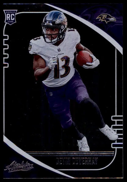 Football trading card featuring Devin Duvernay in Baltimore Ravens uniform from 2020 Panini Absolute Rookie series