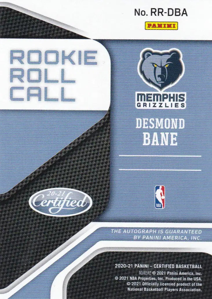 2020 PANINI CERTIFIED #RR-DBA DESMOND BANE AUTO- MEMPHIS GRIZZLIES