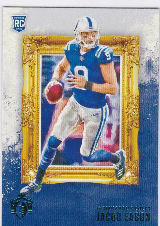 Football trading card of Jacob Eason in blue jersey from Panini Chronicles Gridiron