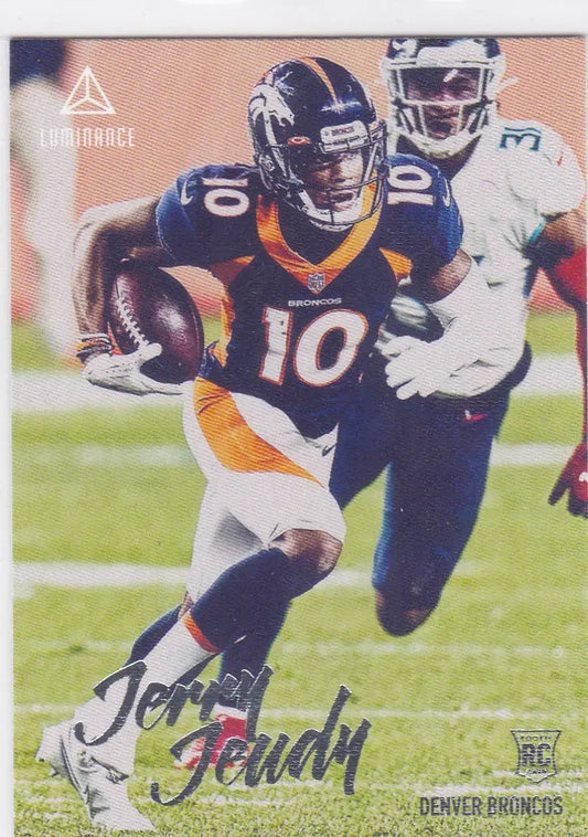 Football trading card of Jerry Jeudy RC Denver in 2020 Panini Chronicles Luminance