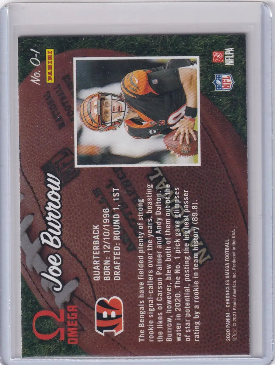 Football trading card featuring Joe Burrow in Cincinnati Bengals uniform from Panini Chronicles