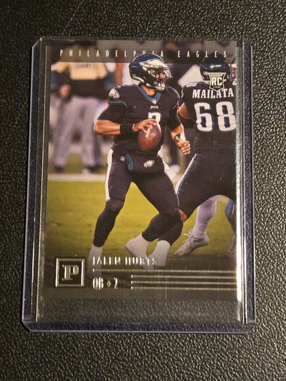 Jalen Hurts Panini football card in protective sleeve from 2020 Panini Chronicles