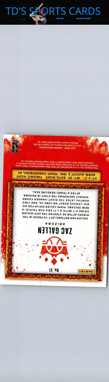 Baseball card back of 2020 Panini Diamond Kings featuring Zac Gallen