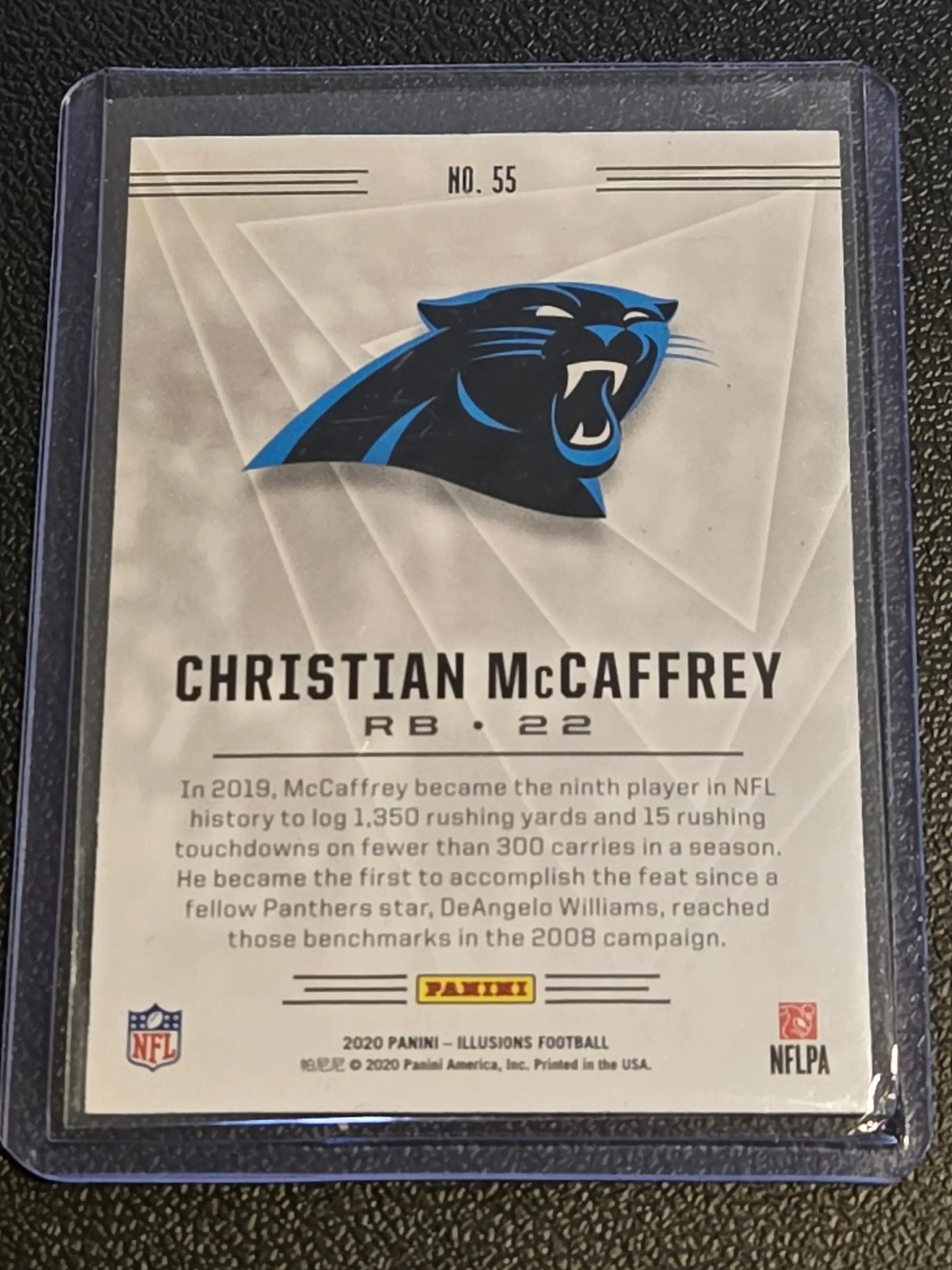 Christian McCaffrey football card from 2020 Panini Illusions product