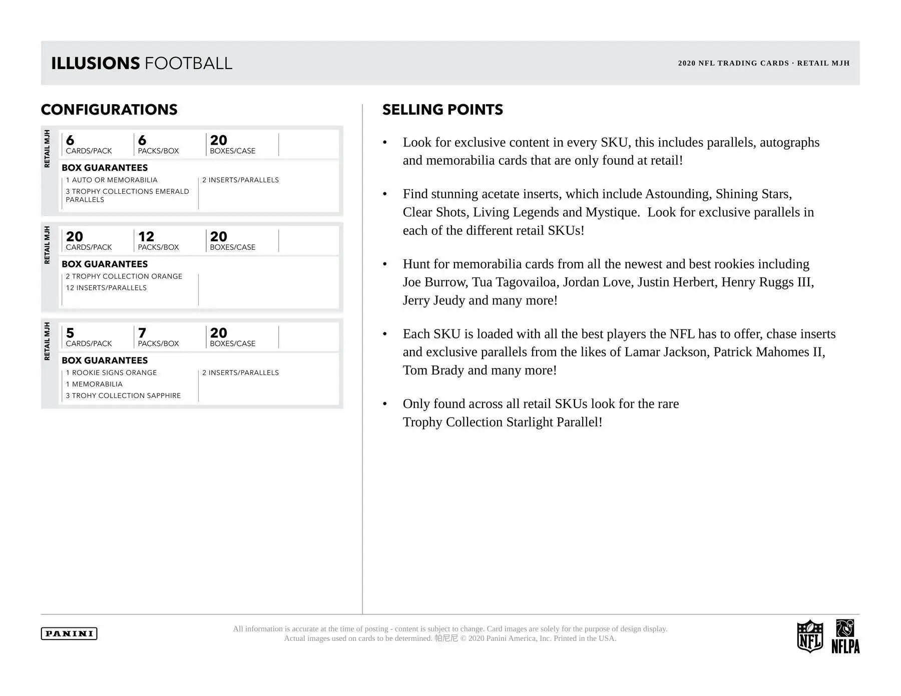 Football card product info for 2020 Panini Illusions Mega Box featuring Joe Burrow and Justin Herbert trophies