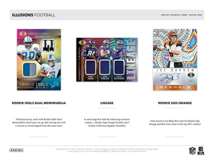 Football trading cards from 2020 Panini Illusions Mega Box featuring Joe Burrow and Justin Herbert