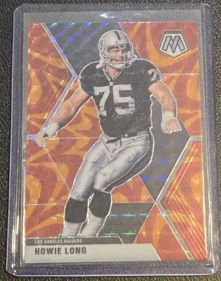 Howie Long football card from 2020 Panini Mosaic Long Prizm Reactive Orange