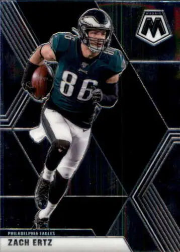 Zach Ertz running with football in dark Eagles uniform, Panini Mosaic original gloss