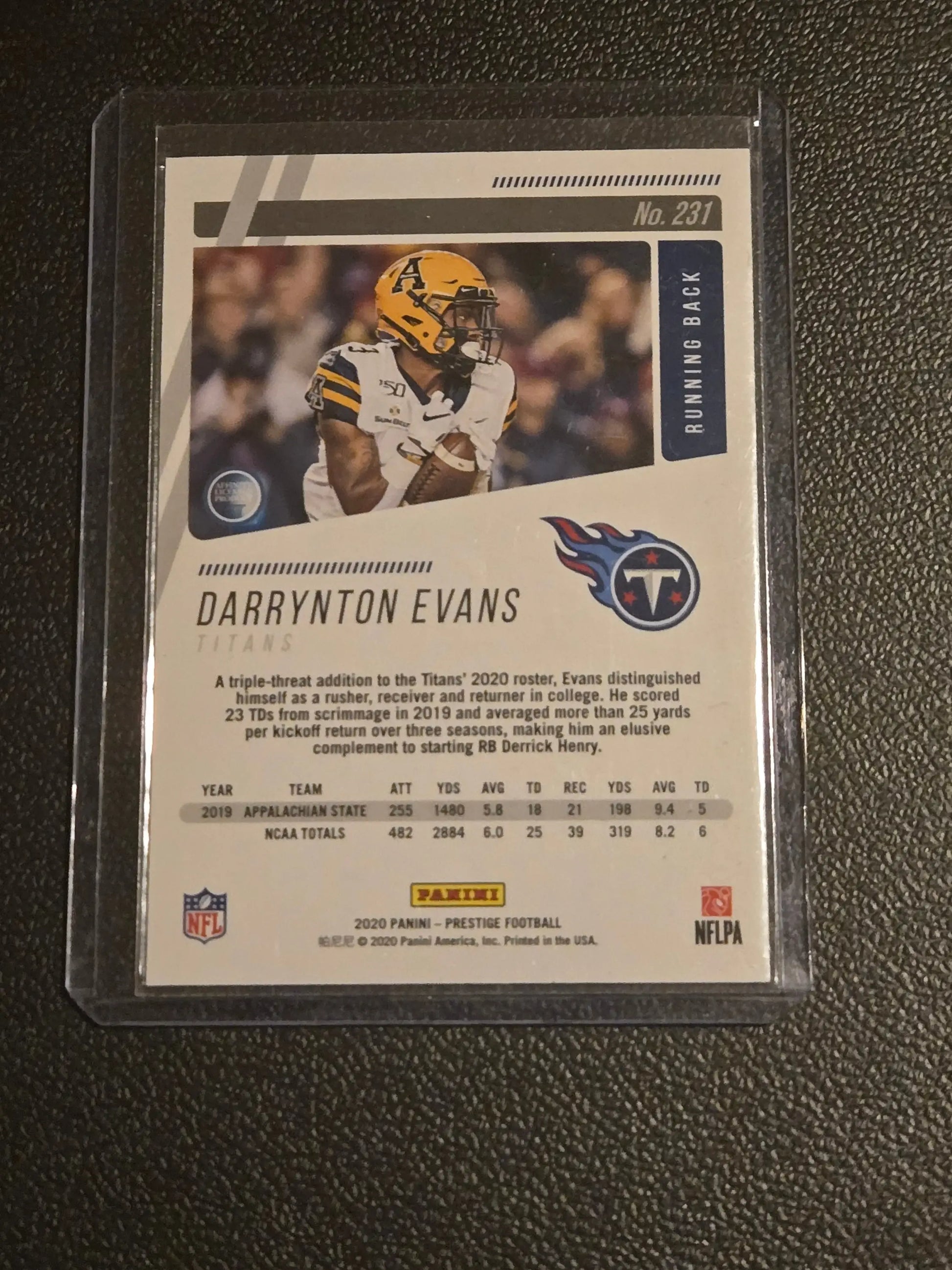 Football trading card of Darrynton Evans Xtra Points Purple in protective sleeve